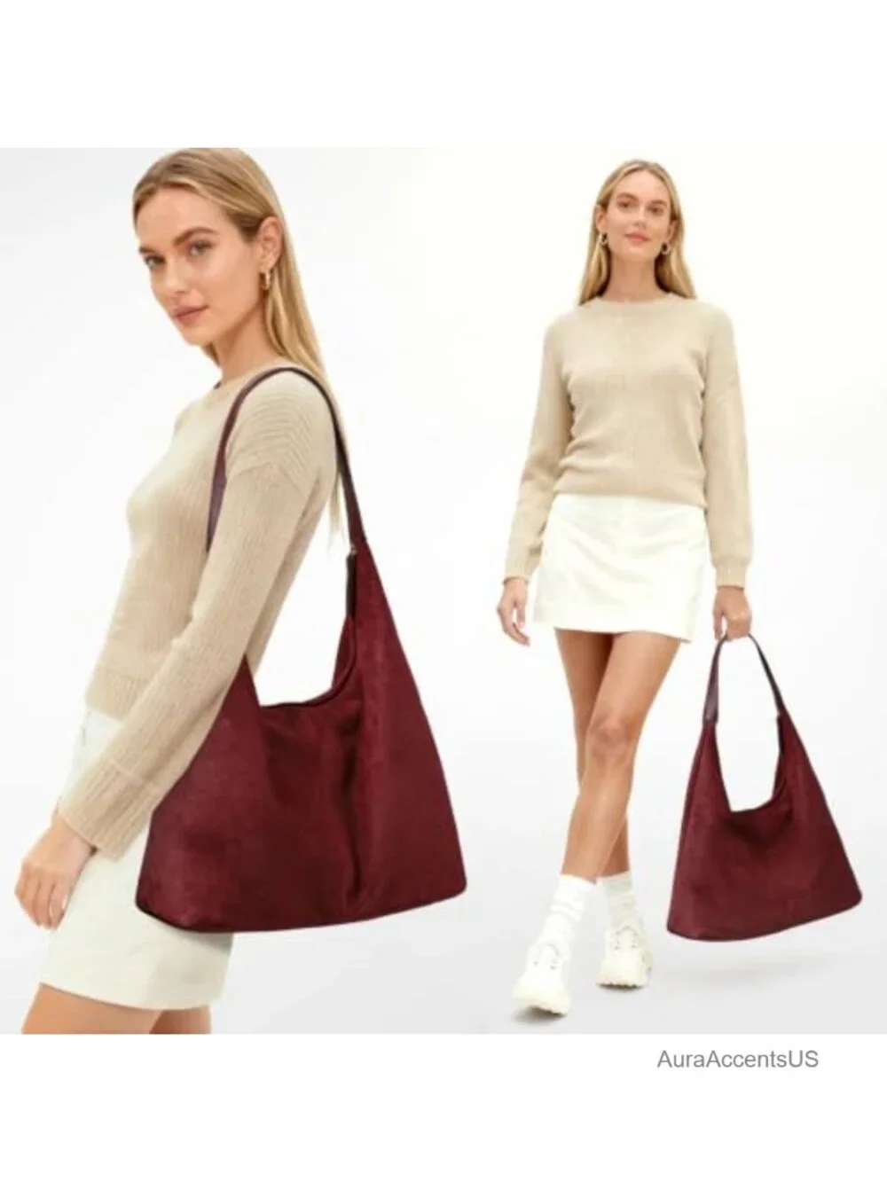 Large Suede Hobo Tote Bag with Zipper Closure for Work Travel